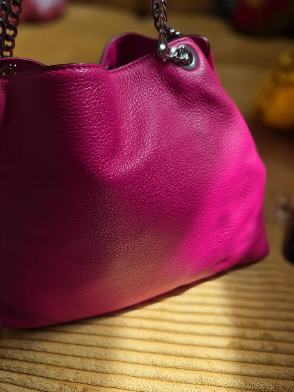 Michael Kors Hot Pink Pebbled Leather Shoulder Bag with Silver Chain-Link Straps